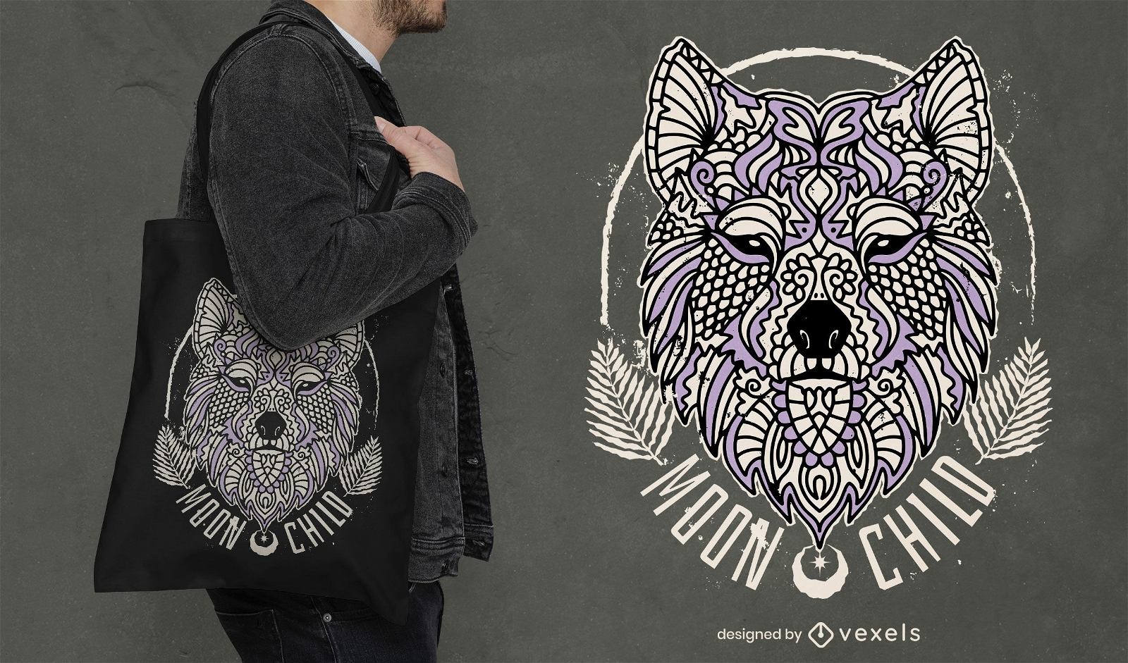 Design de sacola de lobo mandala