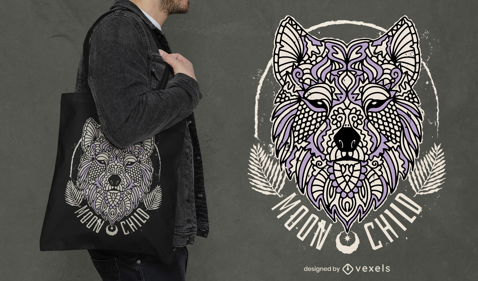 Diseño de bolso tote mandala lobo