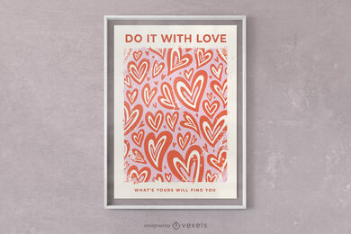 Citação de amor e design de cartaz de corações