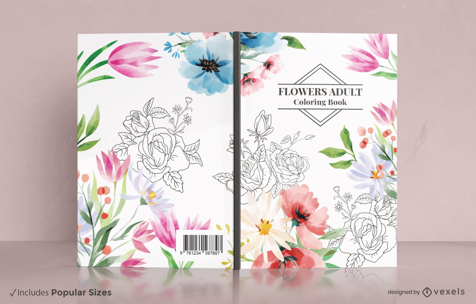 Diseño de portada de libro de colorear para adultos de flores