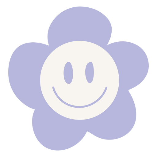 Flor morada con una cara sonriente. Diseño PNG
