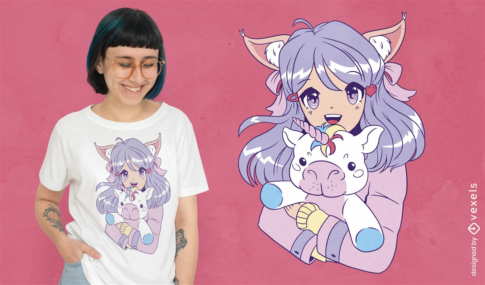 Chica anime con diseño de camiseta de unicornio.