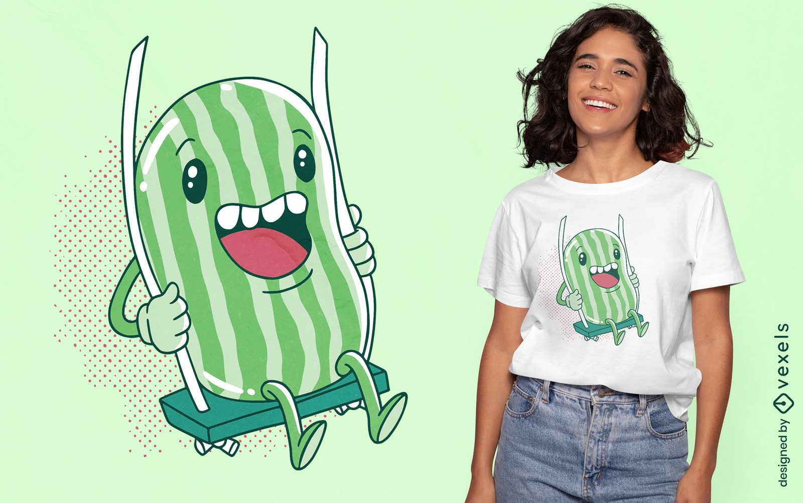 Diseño de camiseta de dibujos animados de sandía en un columpio