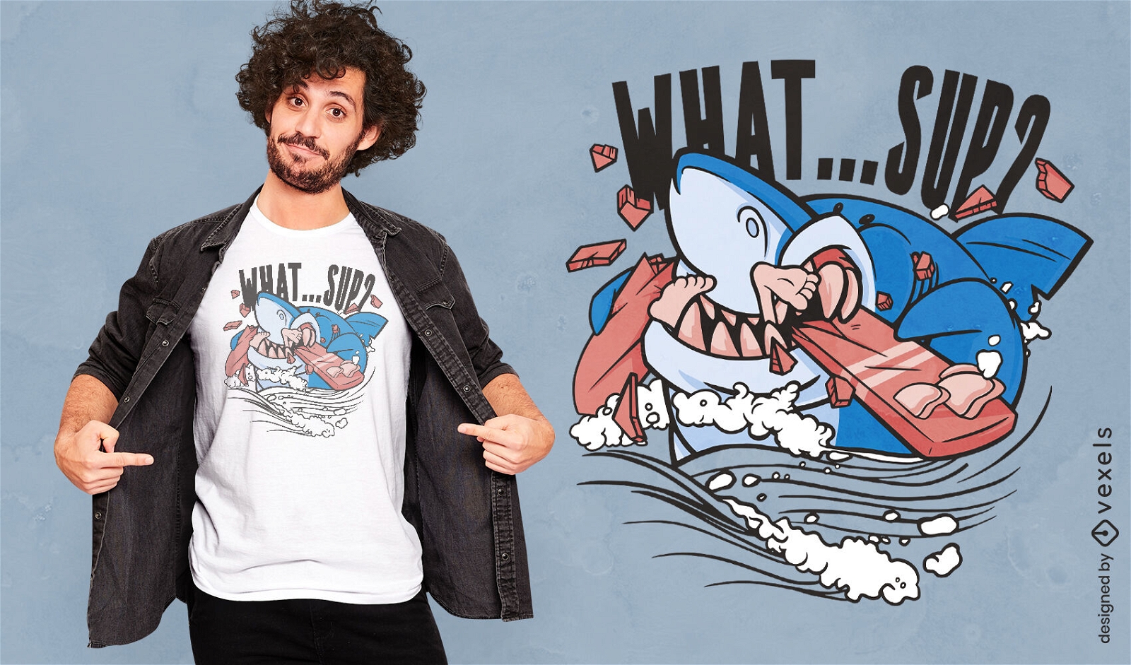 Design de camiseta de prancha de surf mordendo tubarão