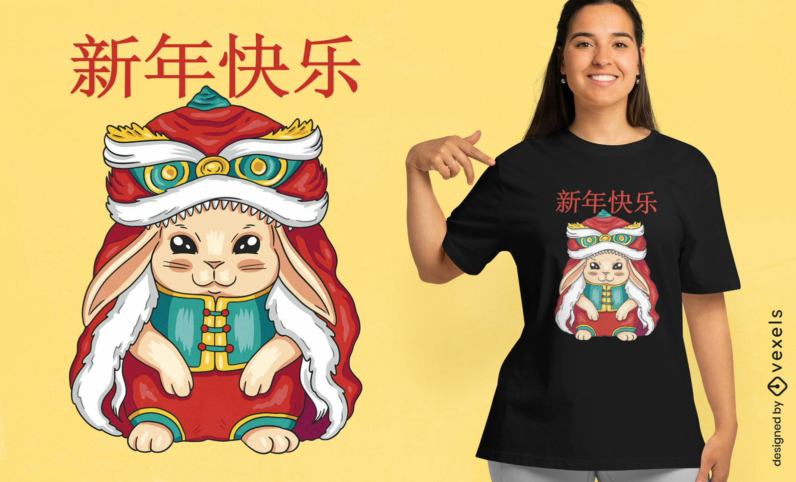Diseño de camiseta de conejo con traje de dragón chino