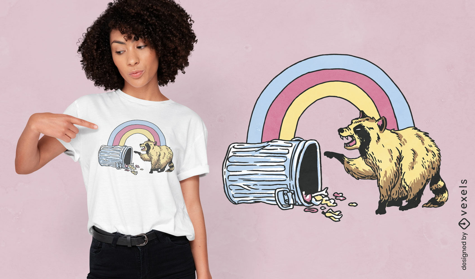 Rainbow raccon no design de camiseta de lixo
