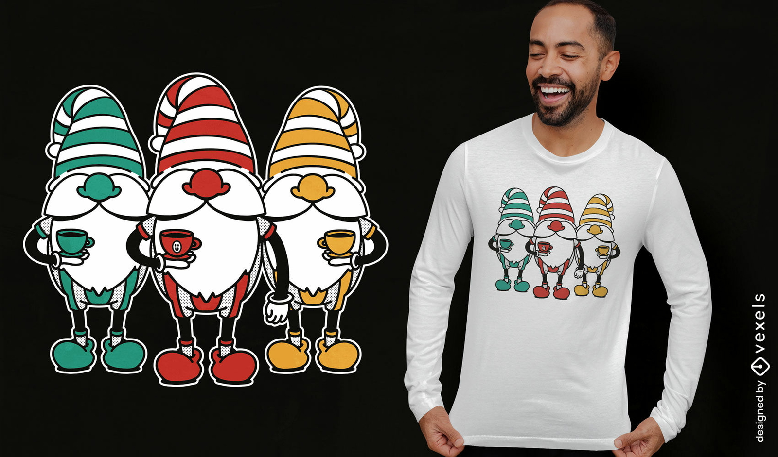 Diseño de camiseta de gnomos bebiendo té.