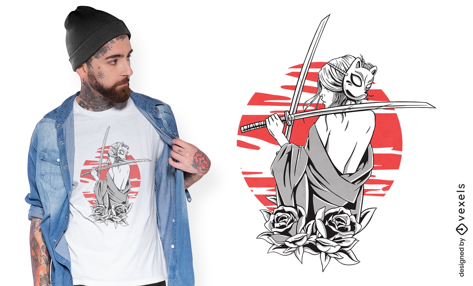 Diseño de camiseta de mujer katana japonesa.