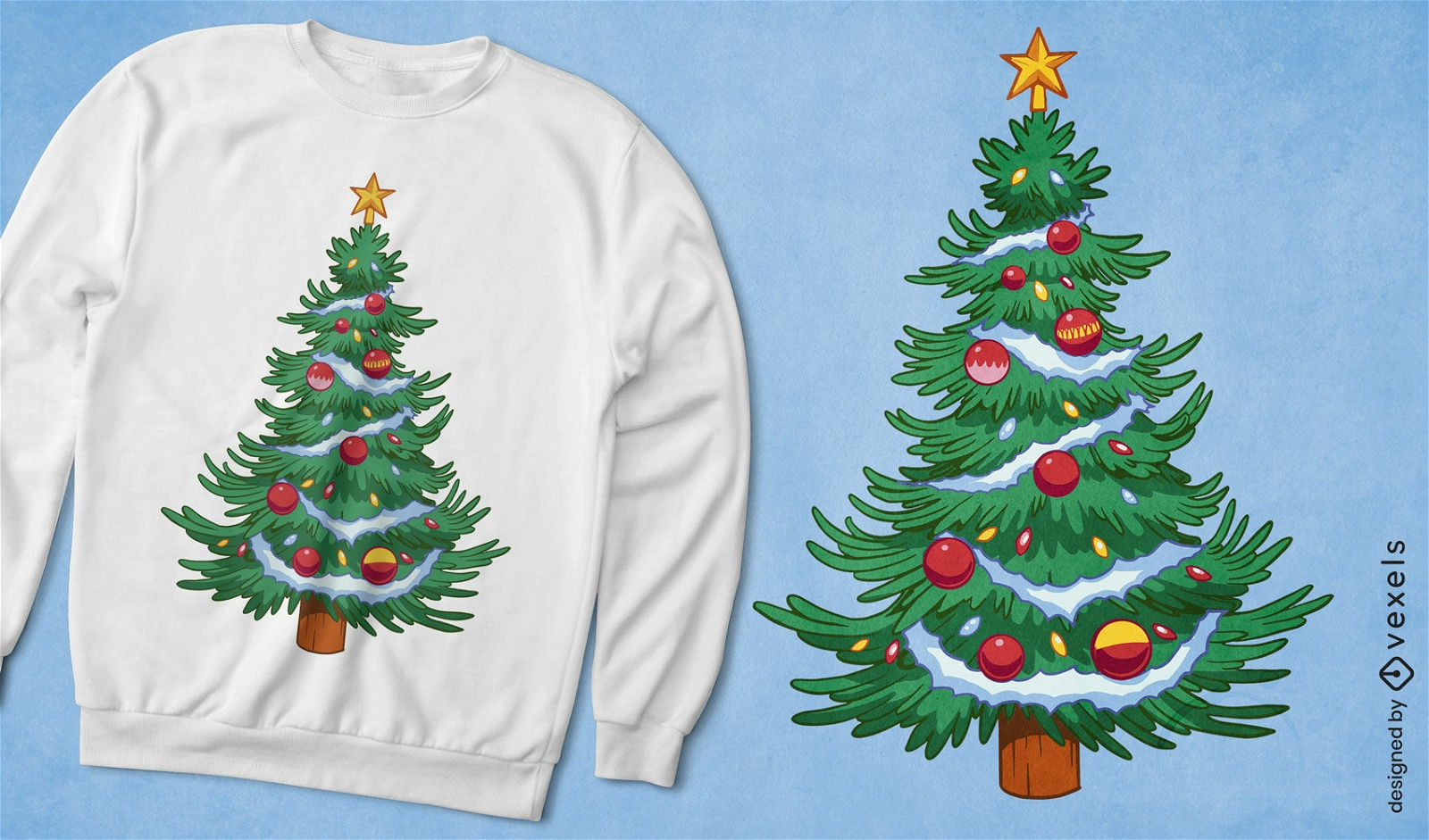 Diseño de camiseta de árbol de navidad decorado.