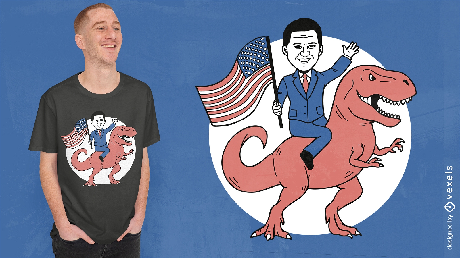 Design de camiseta de dinossauro montado em político