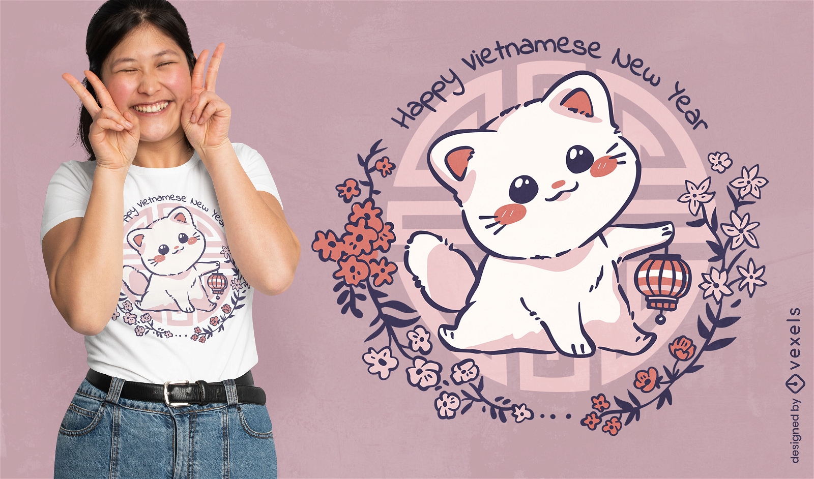 Design de camiseta de ano novo vietnamita de gato bonito