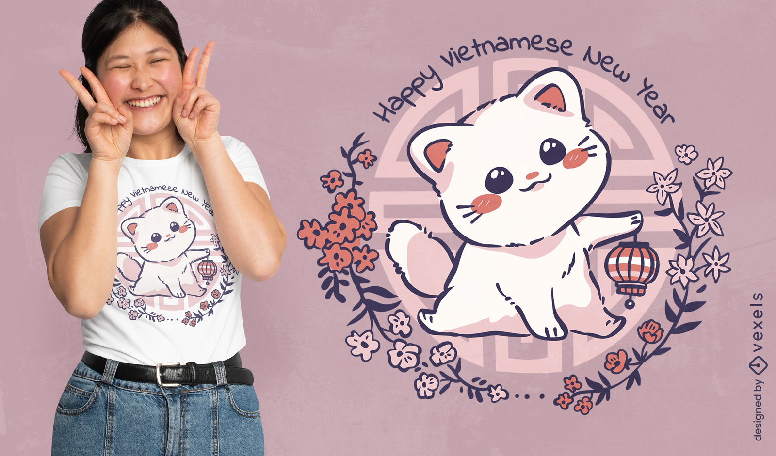 Diseño de camiseta de año nuevo vietnamita lindo gato