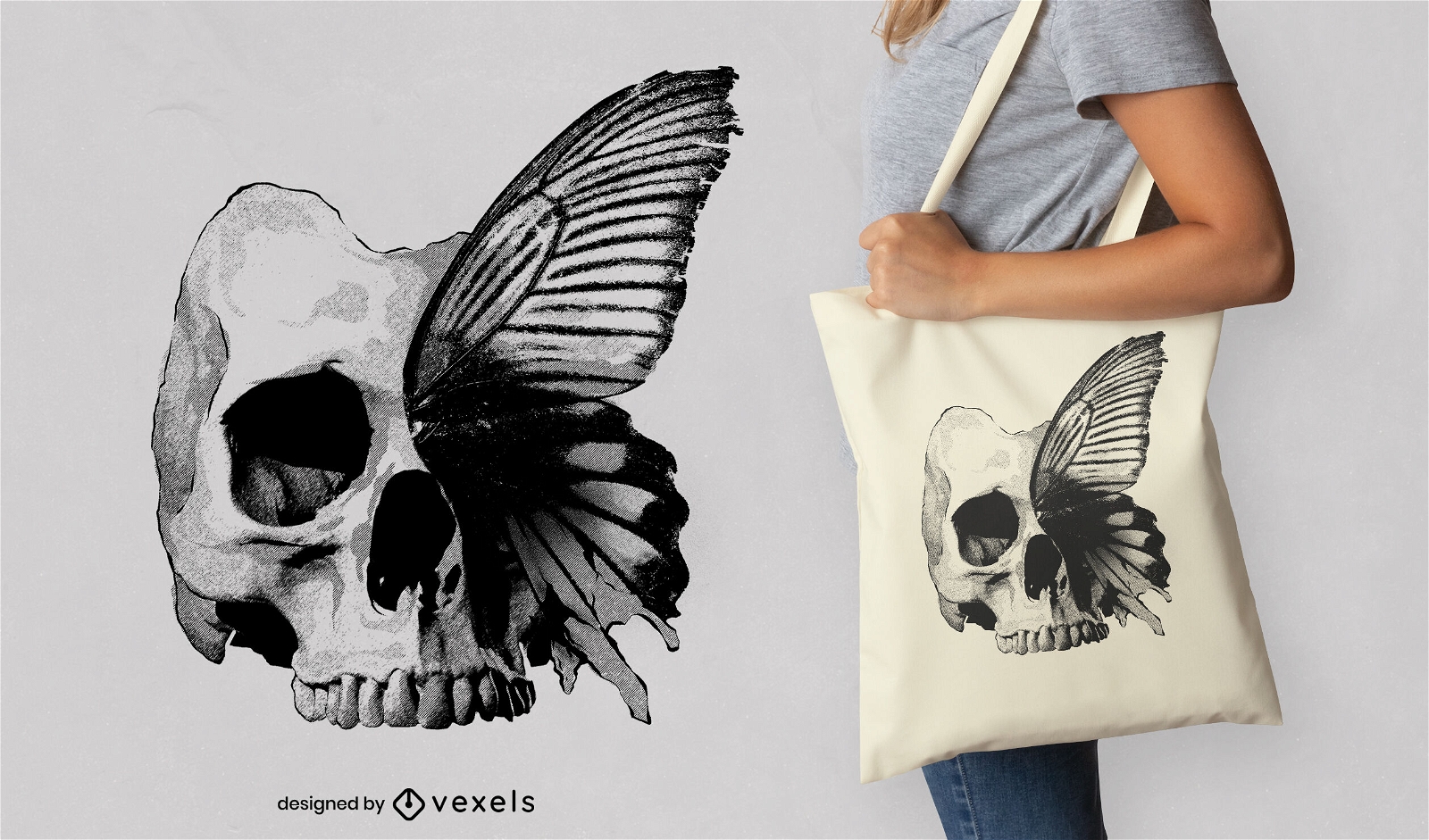 Skull and butterfly hand drawn tote bag design