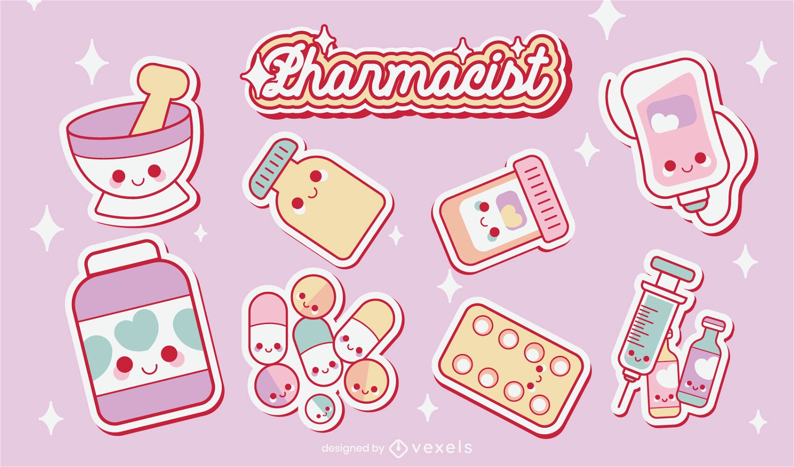 Pharmacy and medicine cute elements set