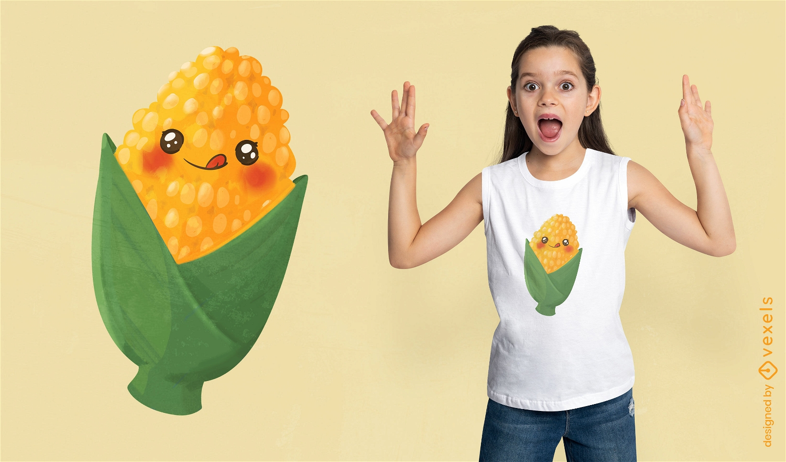 Diseño de camiseta de comida kawaii de maíz en la mazorca