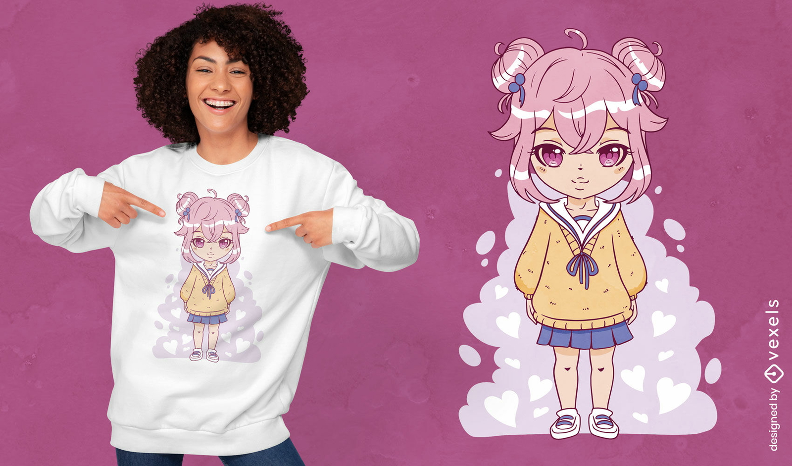 Diseño de camiseta de chica anime de pelo rosa.