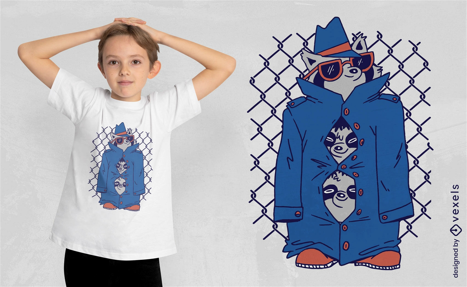 Three raccoon animals in raincoat t-shirt design