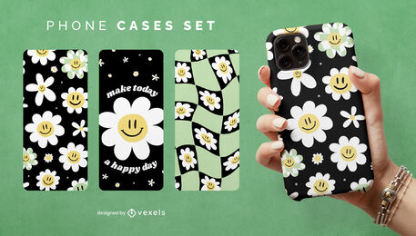 Conjunto de capa de telefone com cara de margarida sorridente