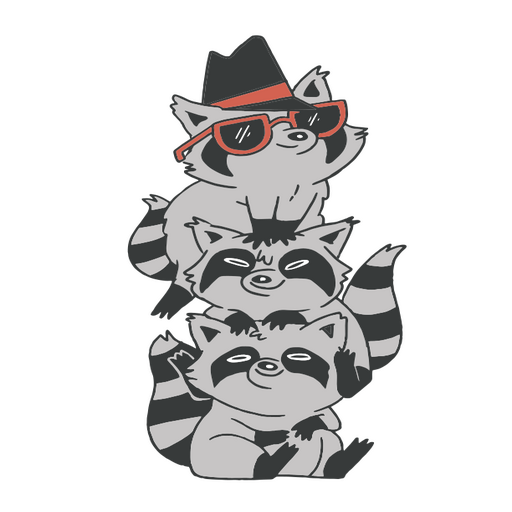 Three raccoons wearing glasses and hats on top of each other PNG Design