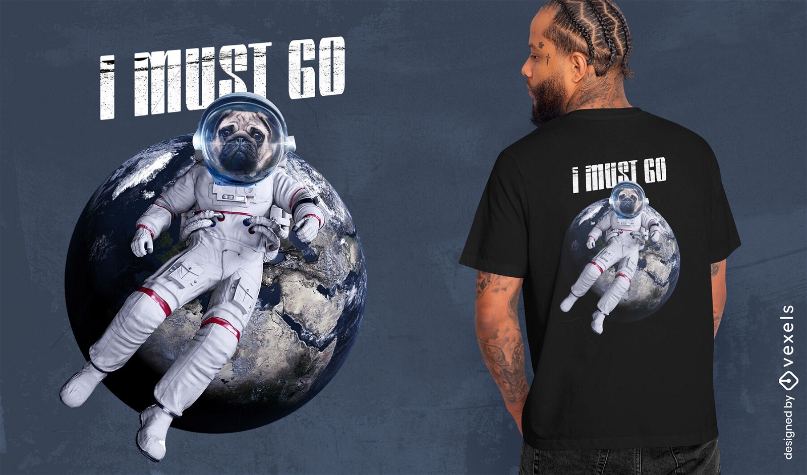 Design de camiseta PSD de cachorro pug astronauta