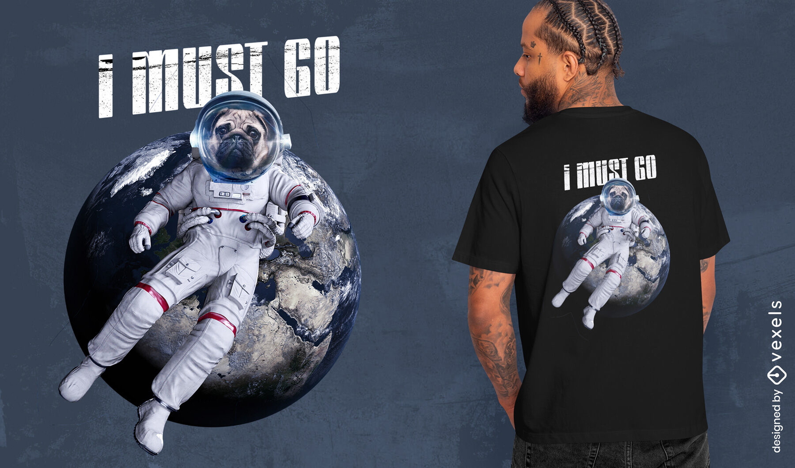 Diseño de camiseta PSD de perro pug astronauta