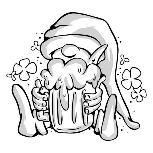 Schwarz-wei?es Bild eines Kobolds, der Bier trinkt PNG-Design