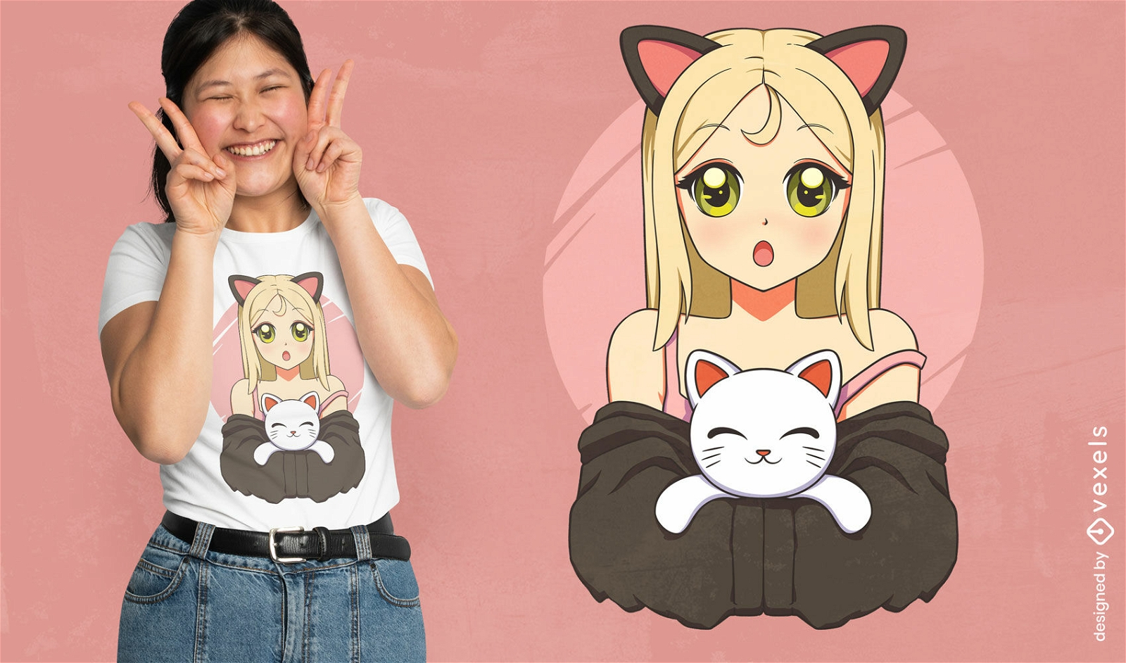 Anime-Mädchen mit einem Kitty-T-Shirt-Design