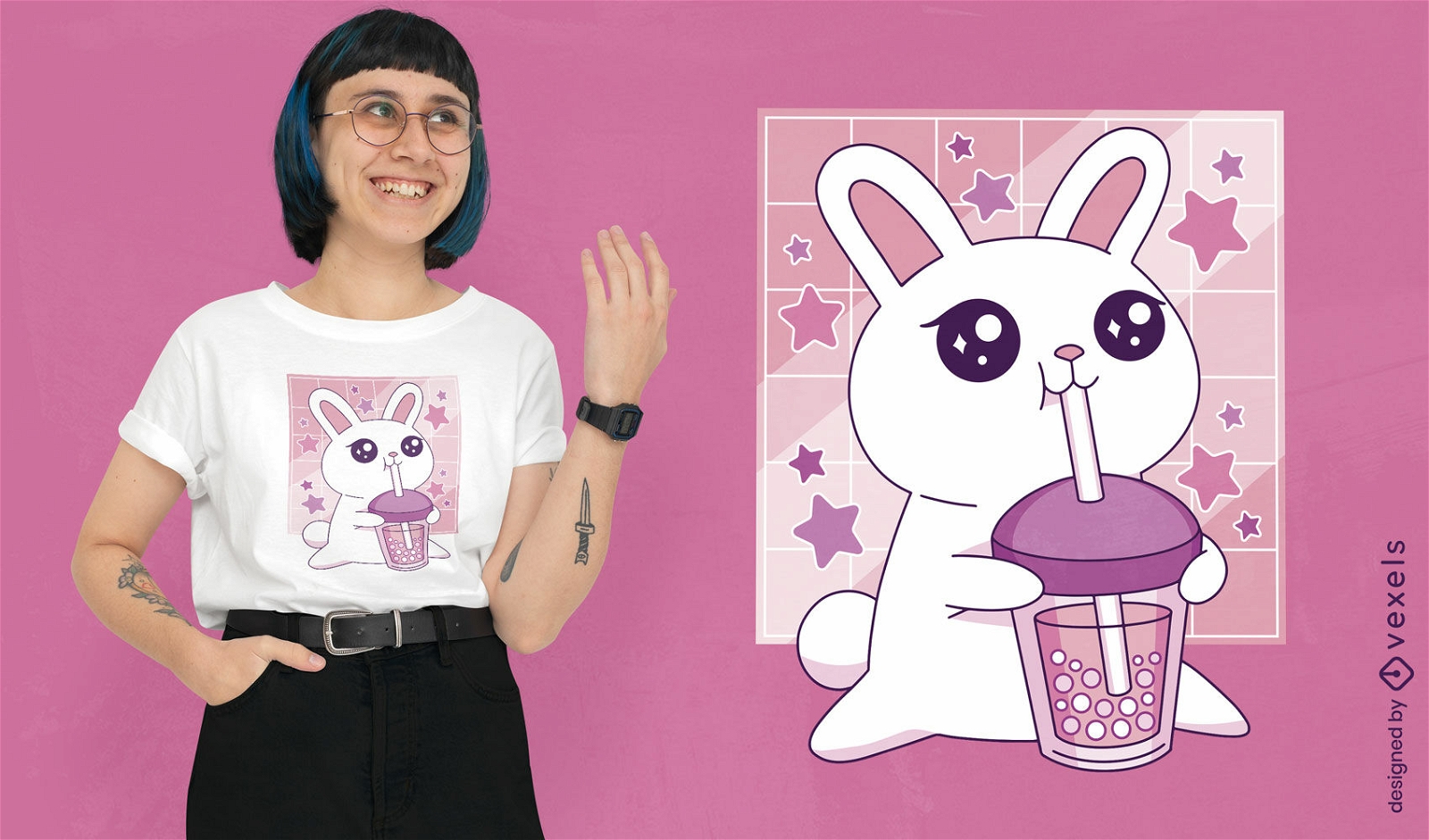 Design de camiseta de coelho de chá de bolhas Kawaii