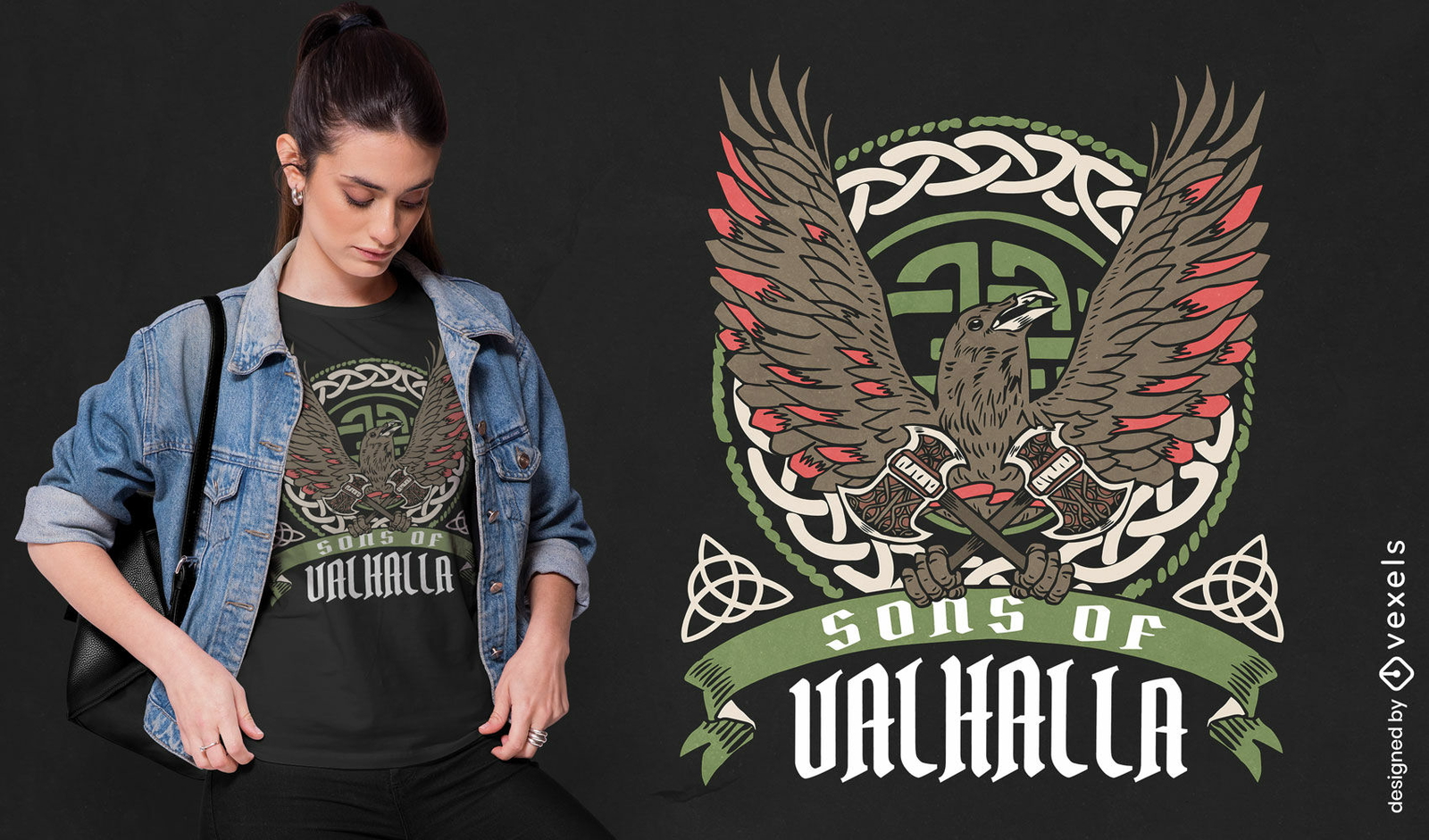 Diseño de camiseta vikinga voladora de pájaro cuervo