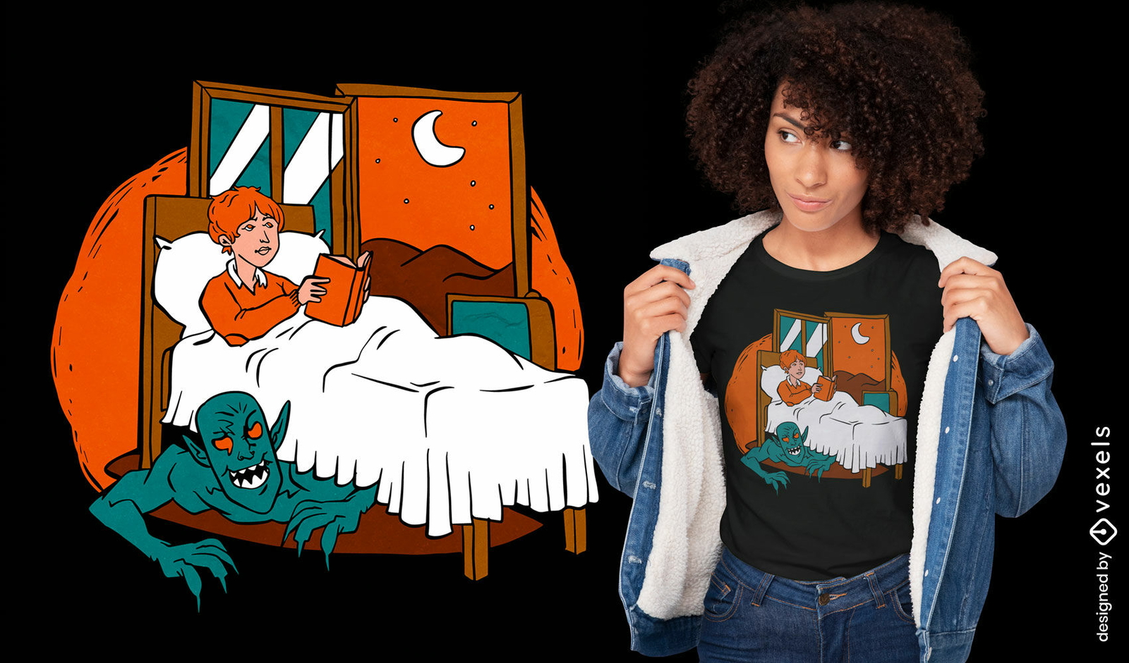 Dämon versteckt sich unter Kinderbett-T-Shirt-Design