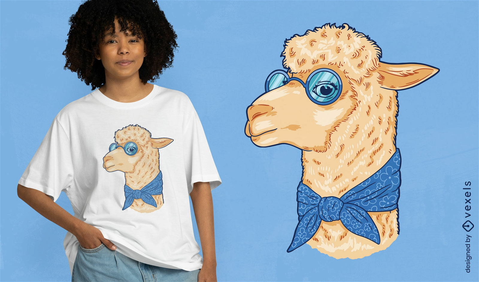 Alpaca animal with blue sunglasses t-shirt design