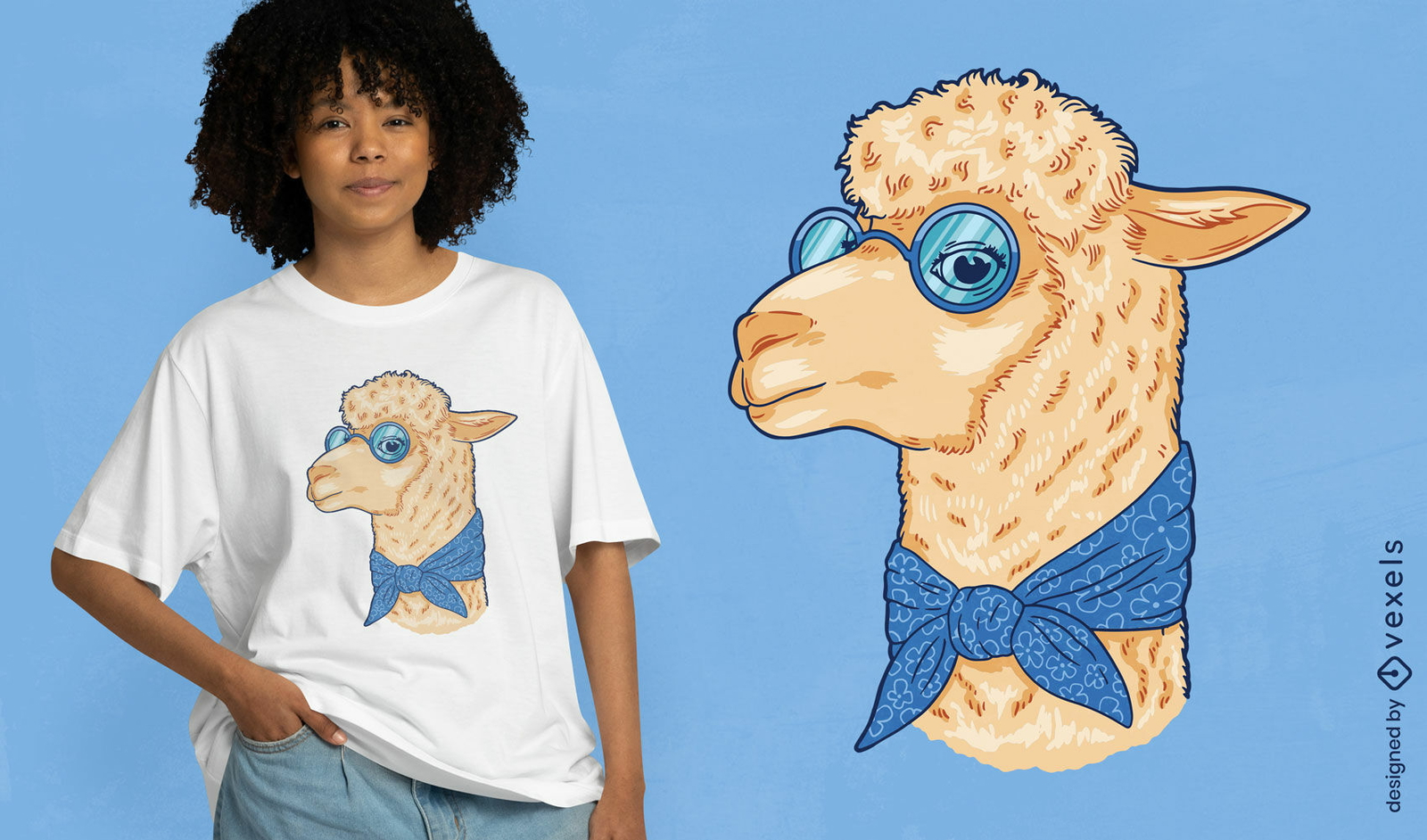 Diseño de camiseta de animal de alpaca con gafas de sol azules.