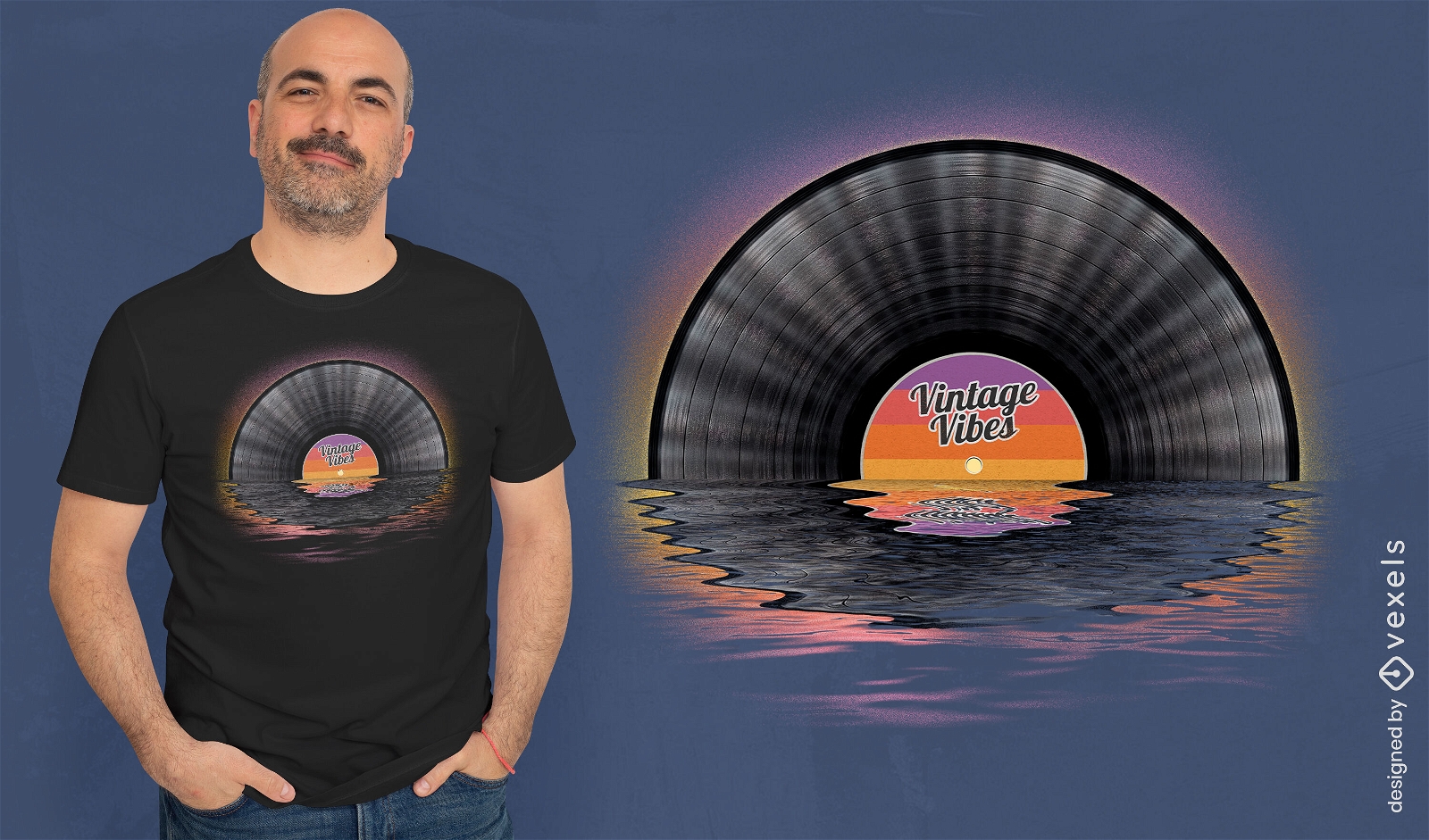 Design de camiseta vintage com pôr do sol de disco de vinil