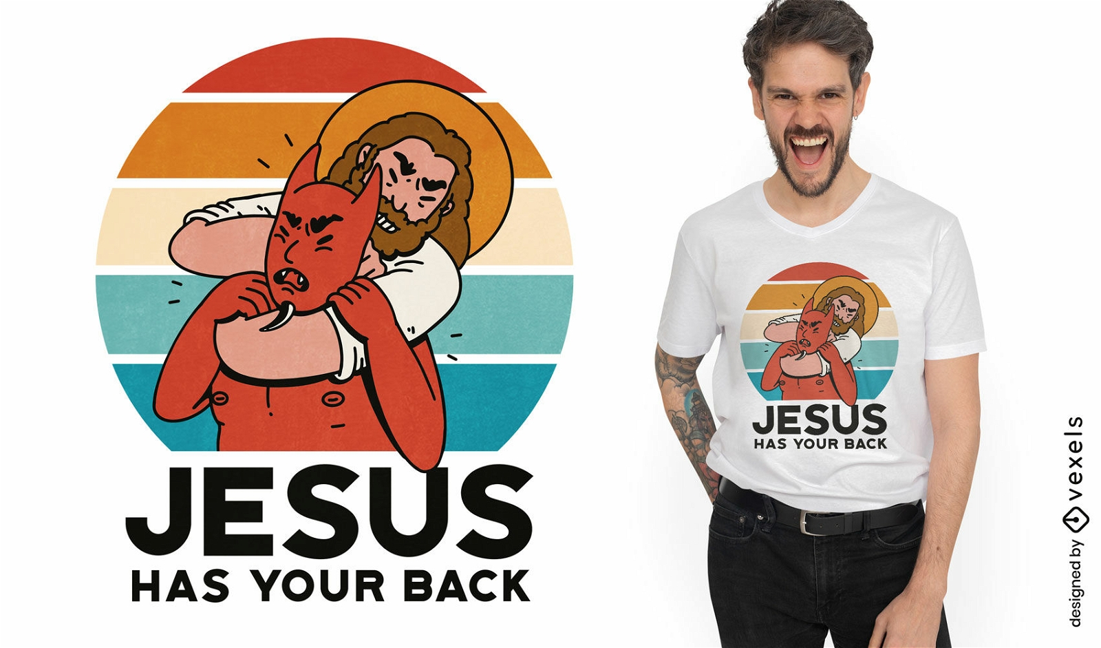 Diseño de camiseta de Jesús luchando contra el demonio.