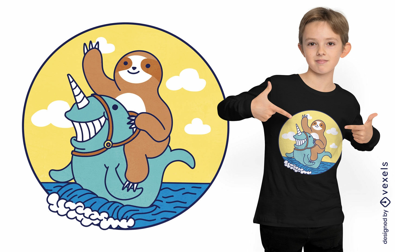 Sloth on narwhal riding wave t-shirt design
