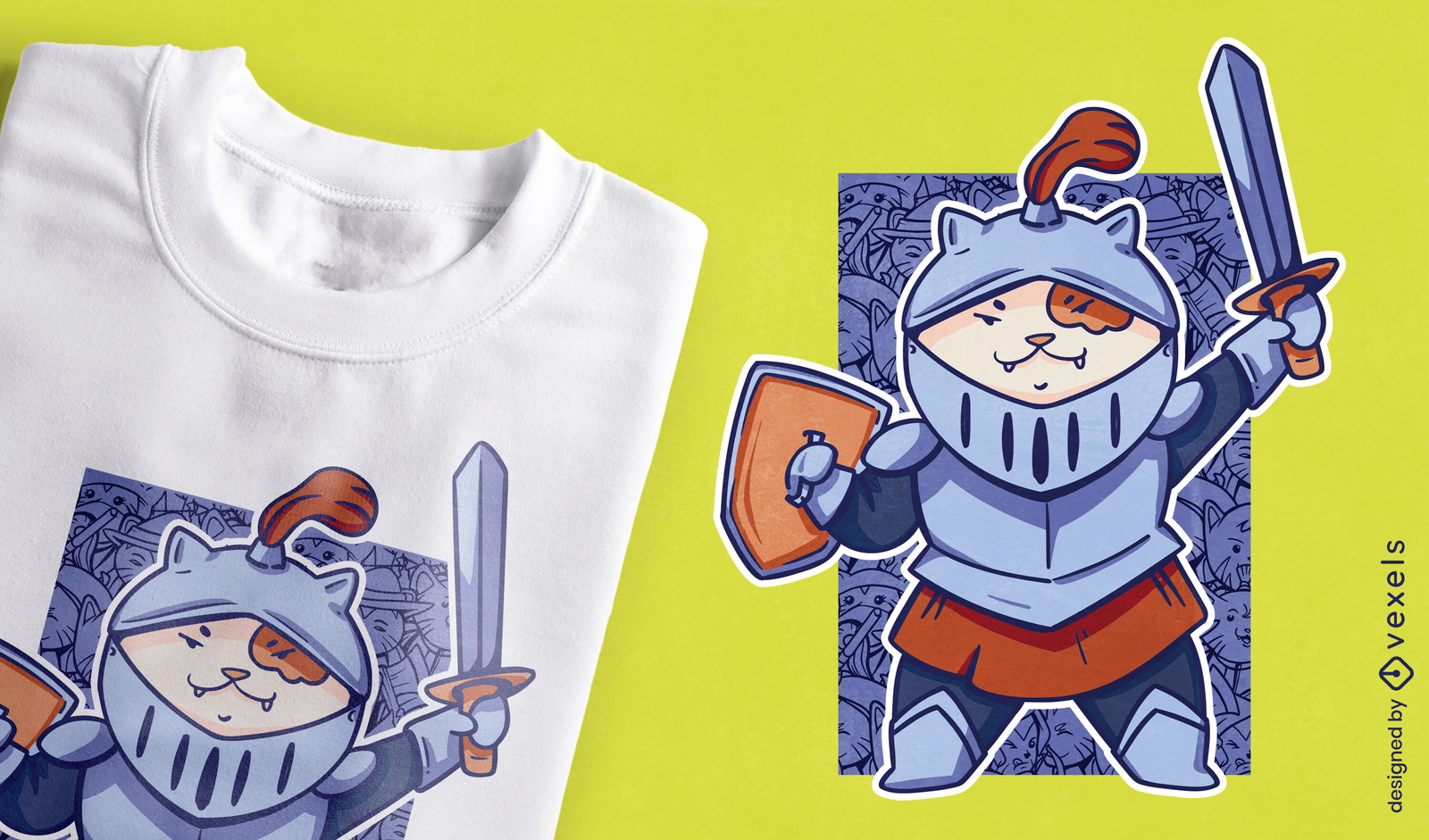 Diseño de camiseta de dibujos animados de gato caballero medieval