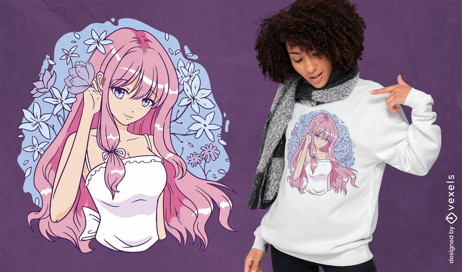 Chica de cabello rosa anime con diseño de camiseta de flores.