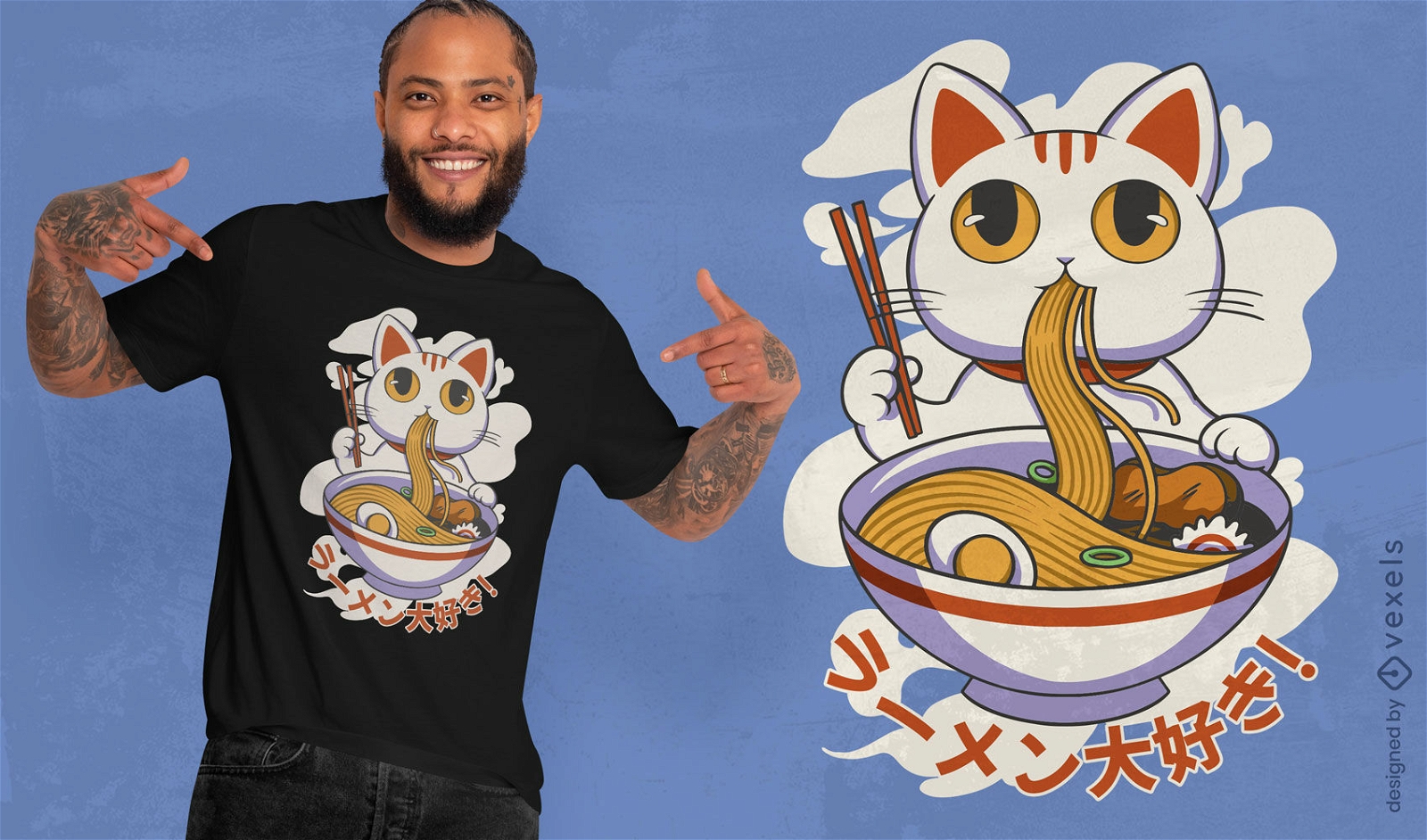Design de camiseta de gato chin?s comendo ramen