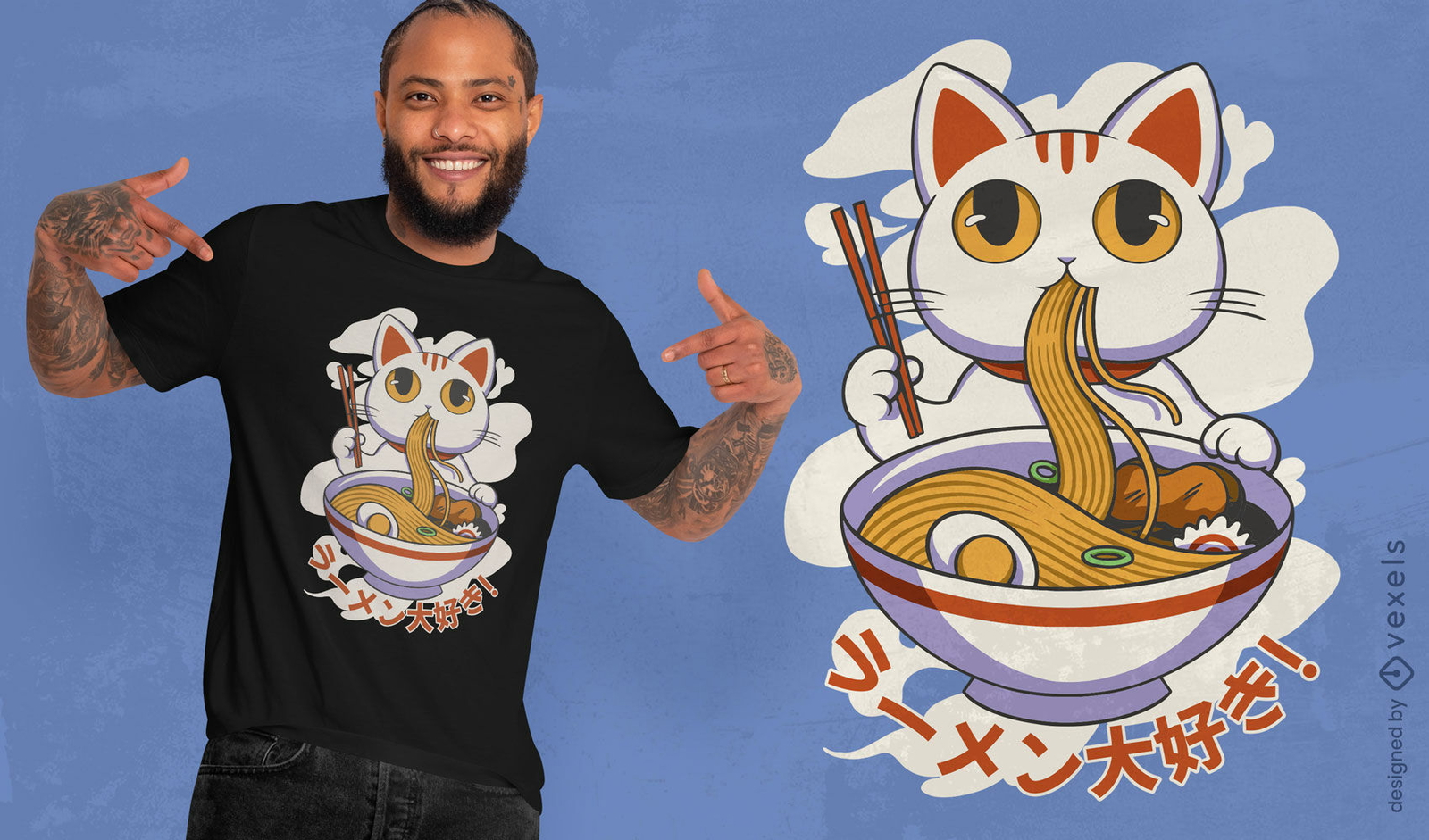 Diseño de camiseta de gato chino comiendo ramen