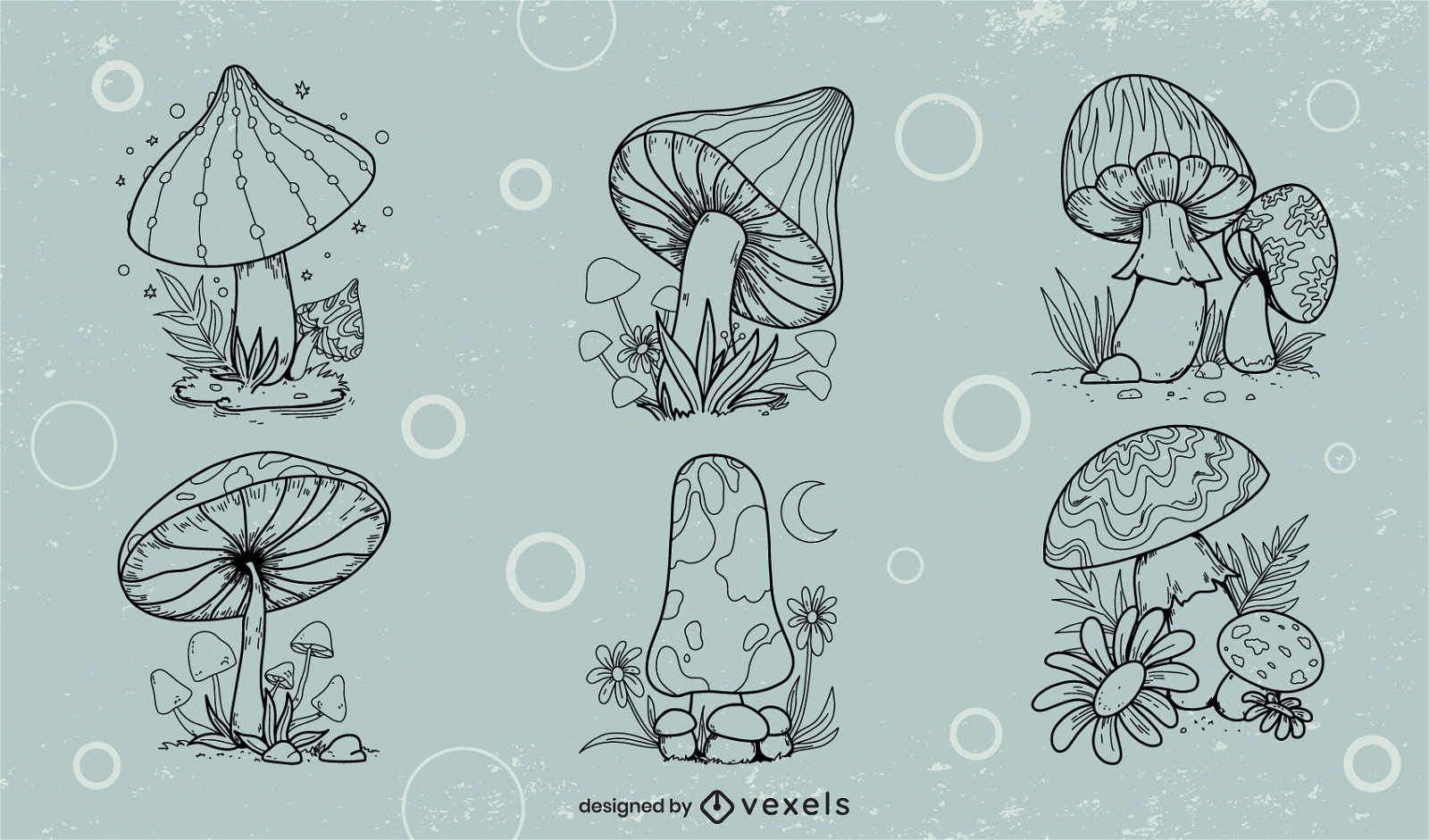 Mushrooms in nature line art style