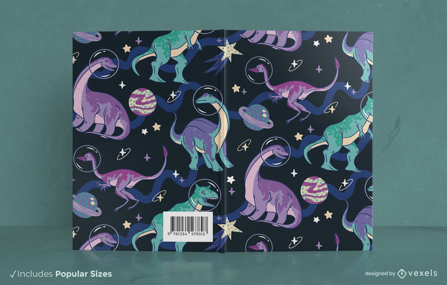 Dinossauros no design da capa do livro espacial