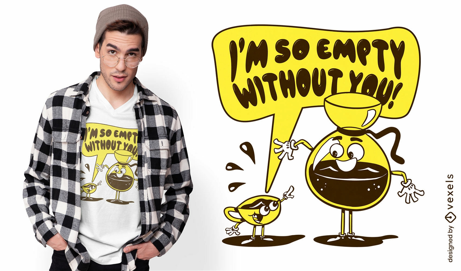 Bule de café e design de camiseta de desenho animado de xícara