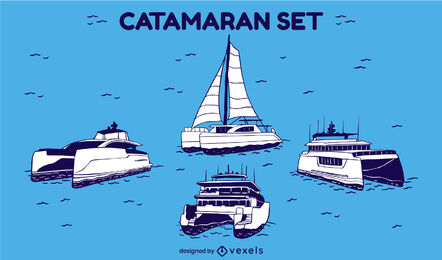 Catamaran ships on the sea transportation set