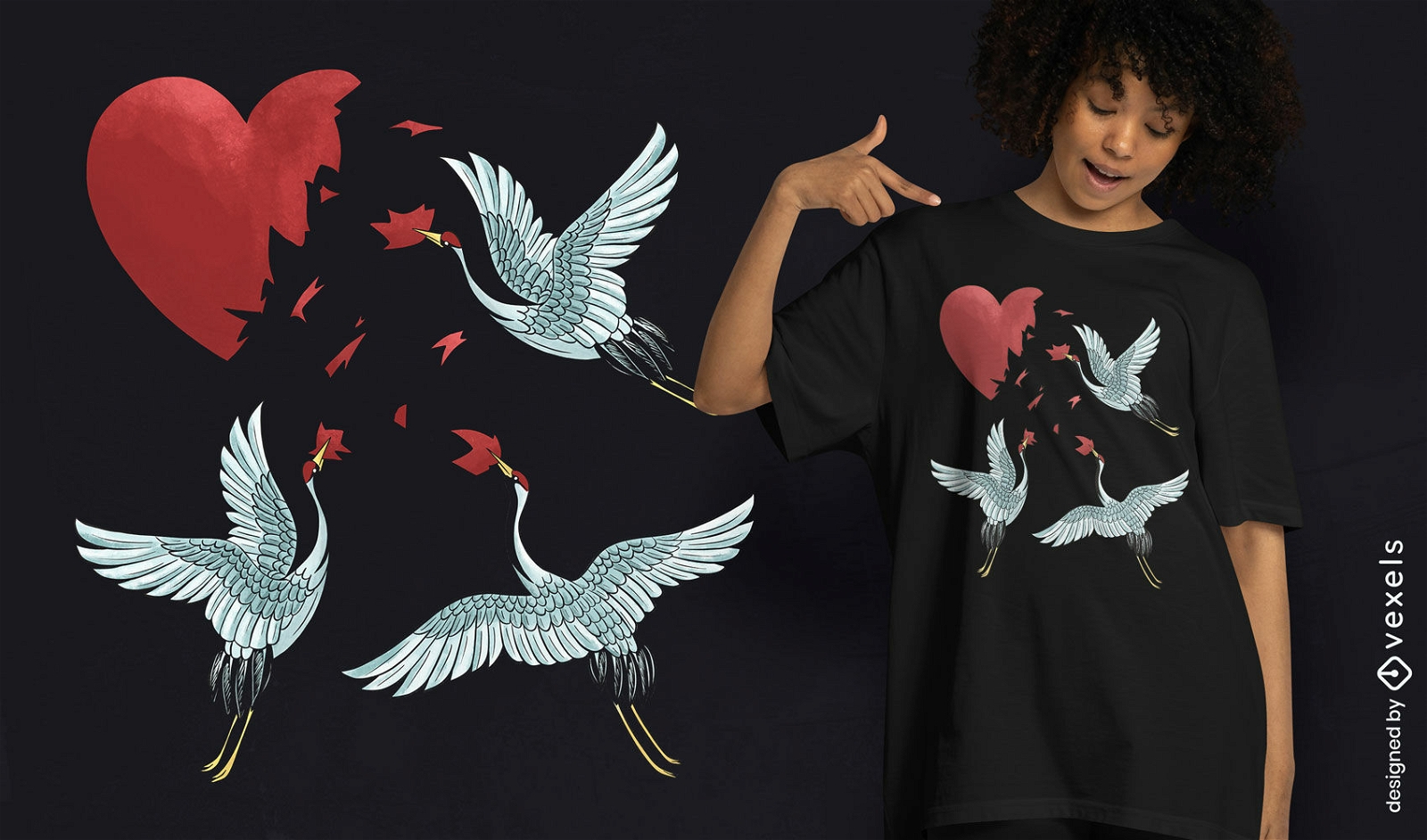 Diseño de camiseta de corazón roto de pájaros de grúa