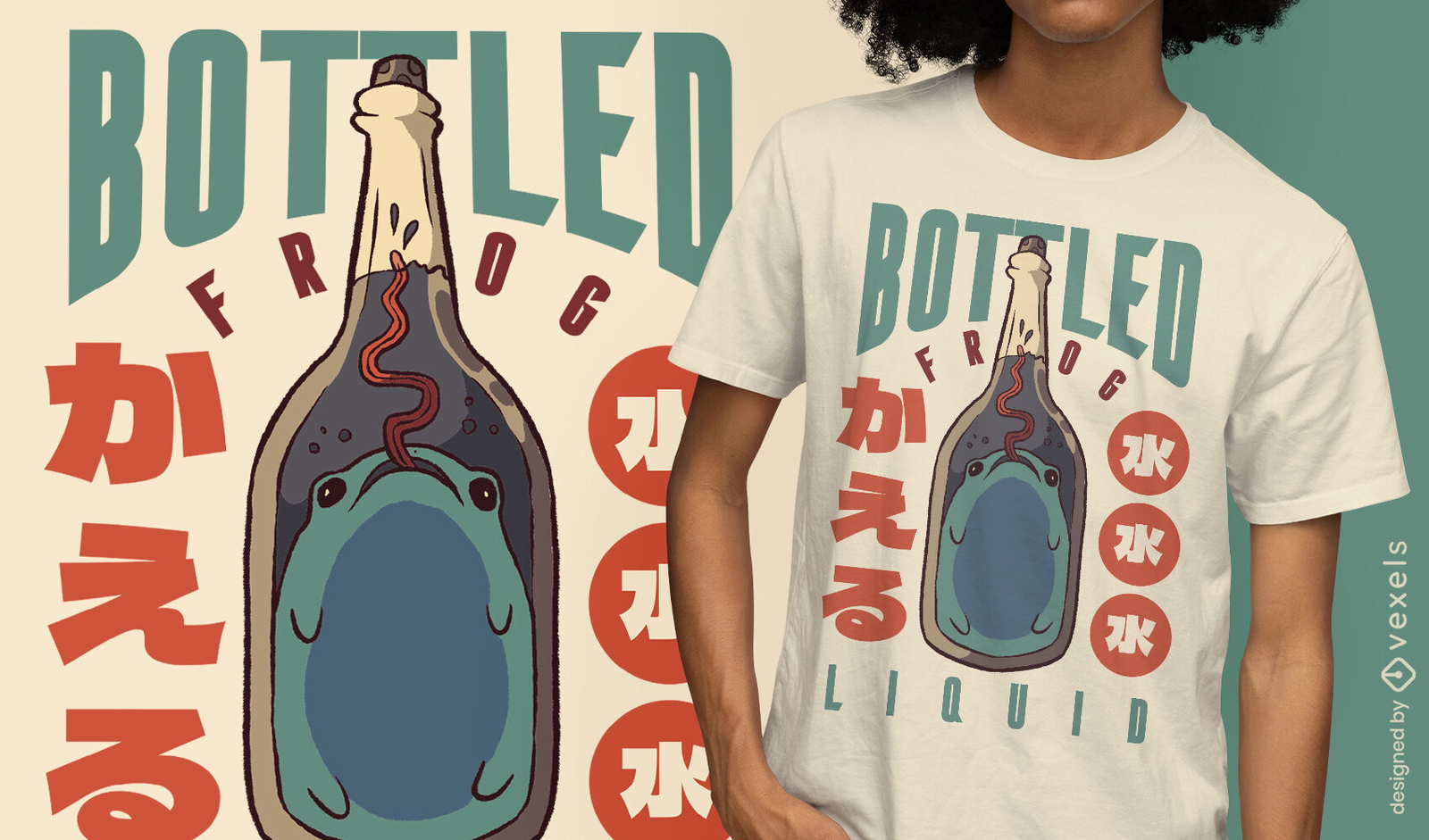 Diseño de camiseta de animal rana en una botella.