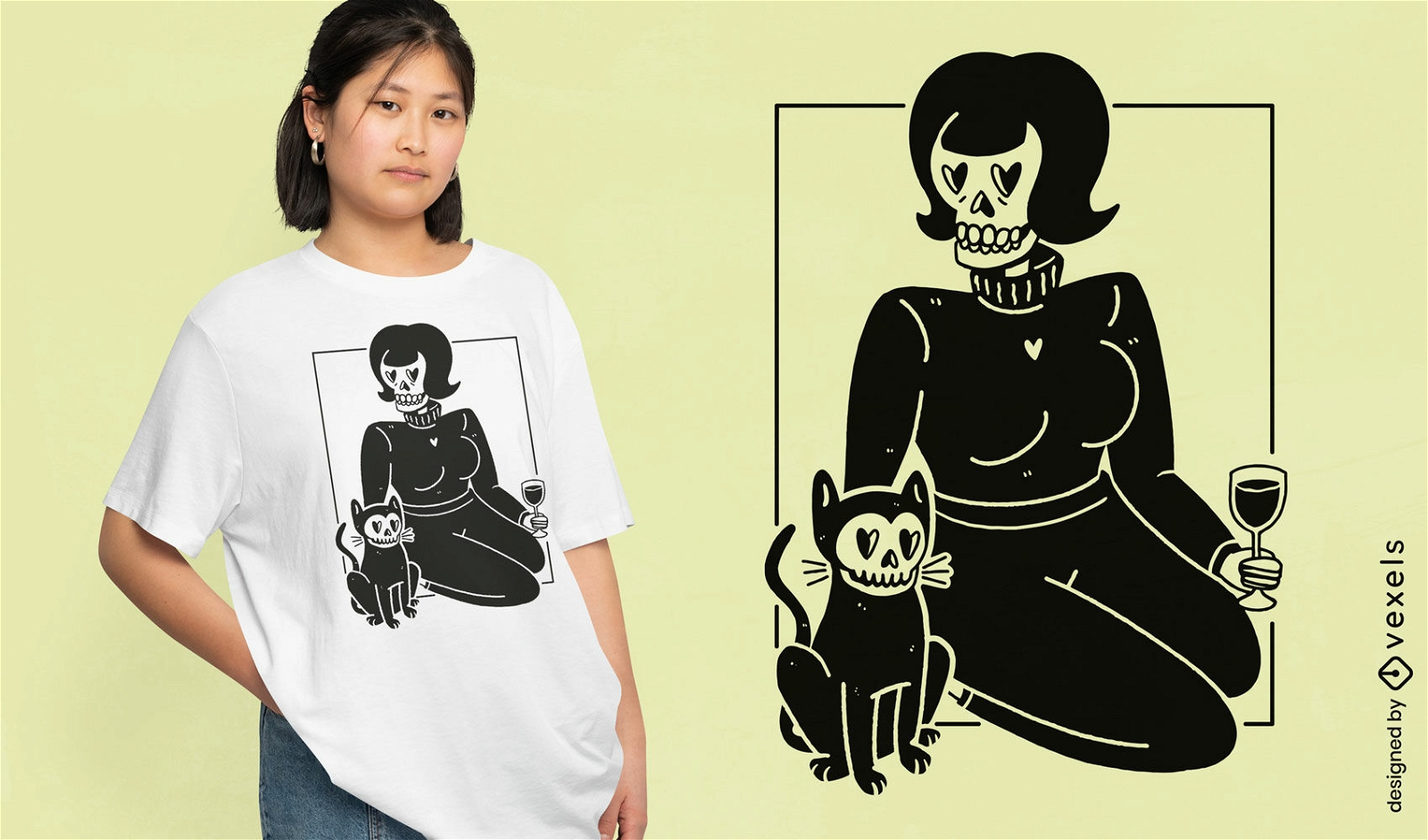 Design de camiseta de garota esqueleto e gato