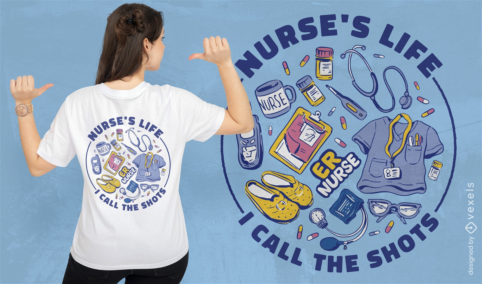 Design de camiseta de elementos médicos de enfermeira de emergência