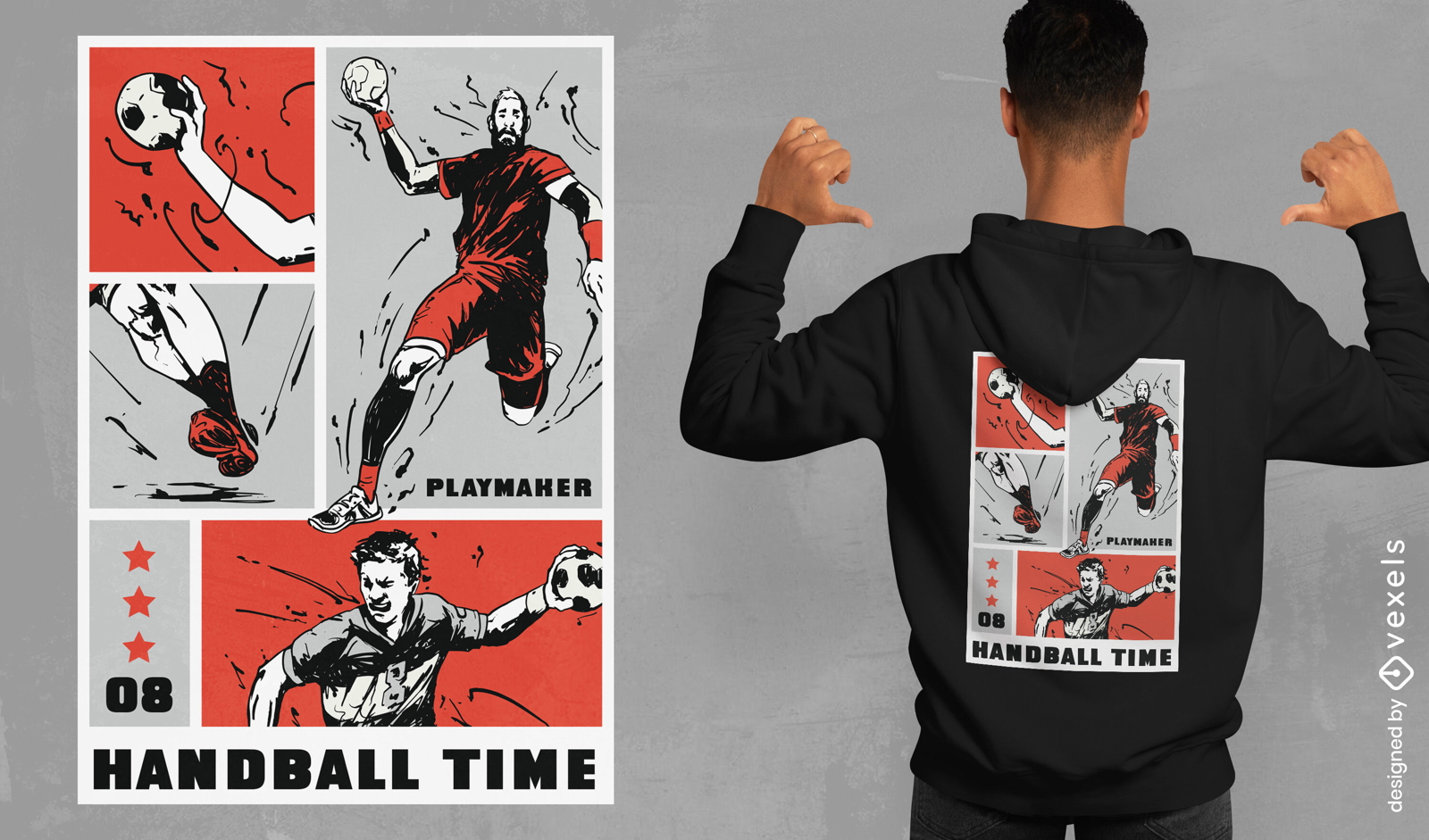 Diseño de camiseta cómica de jugadores deportivos de balonmano.