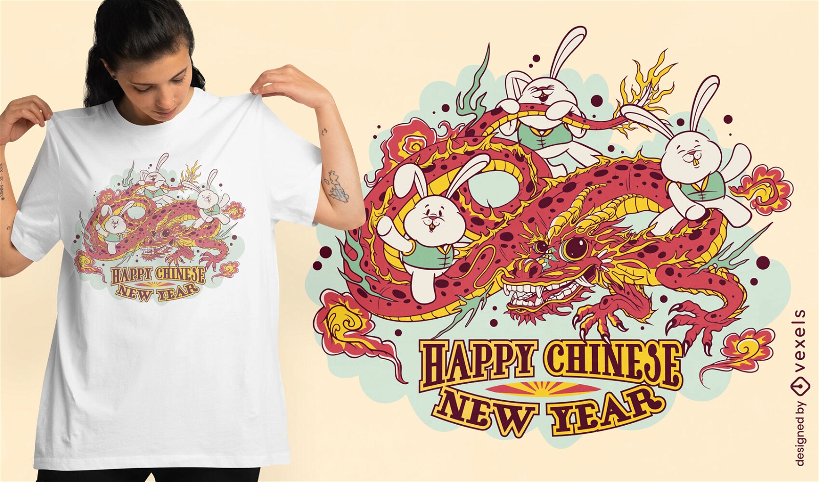 Coelhinhos do ano novo chinês no design da camiseta do dragão