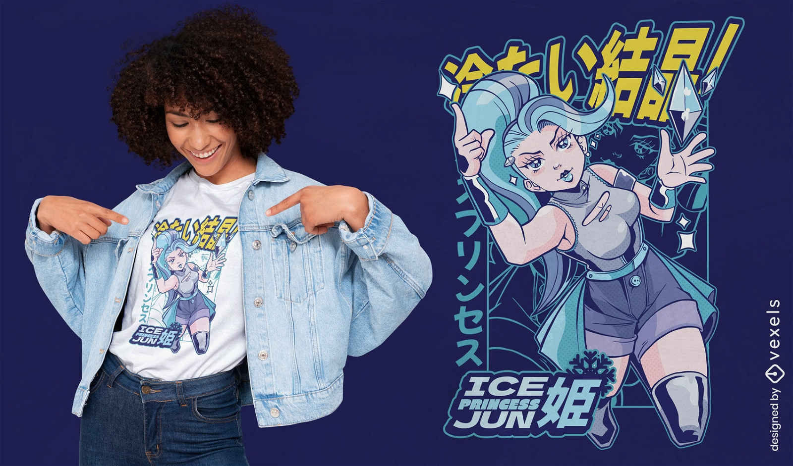 Chica anime con diseño de camiseta de pelo azul.